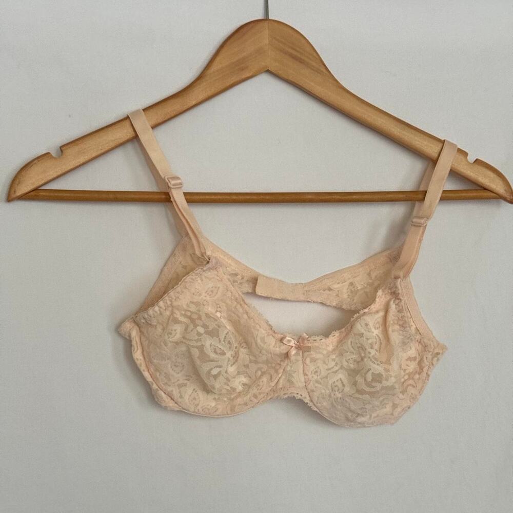 Vintage Blush Pink Lace Balconette Underwire Bra Sheer Unlined Cups